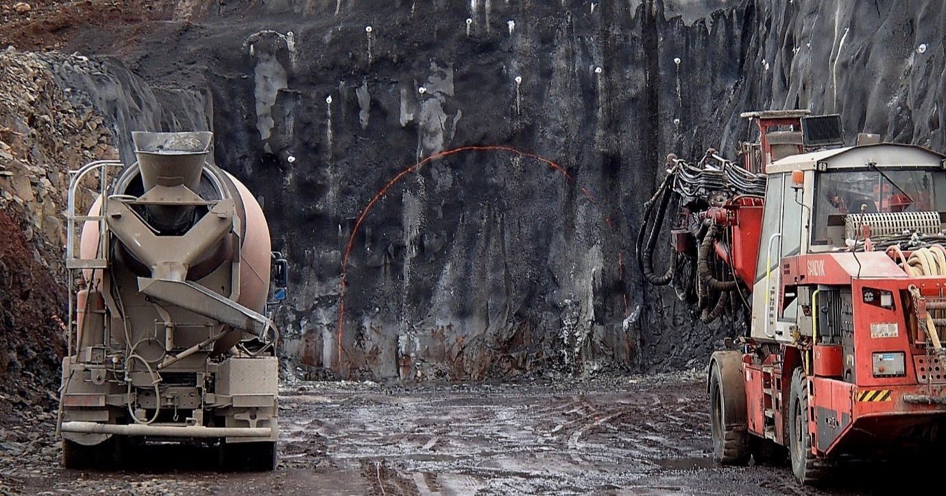 Concrete transport and mining equipment at a mine site using shotcrete, CRF, CAF, grout, and ready-mix concrete